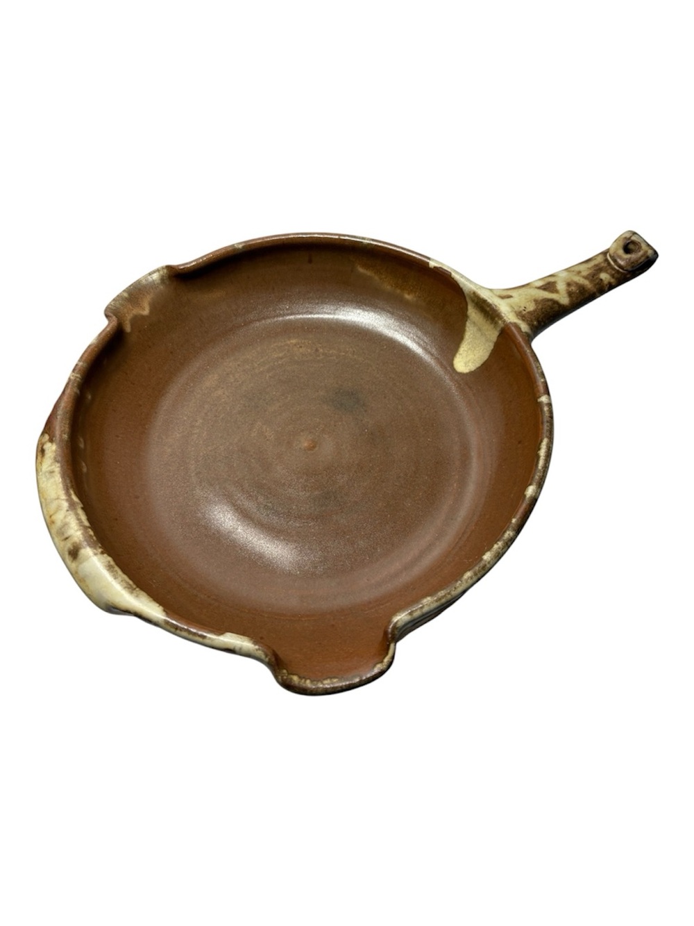 Hand Crafted Brown and Cream Pottery Skillet with Pour Spouts